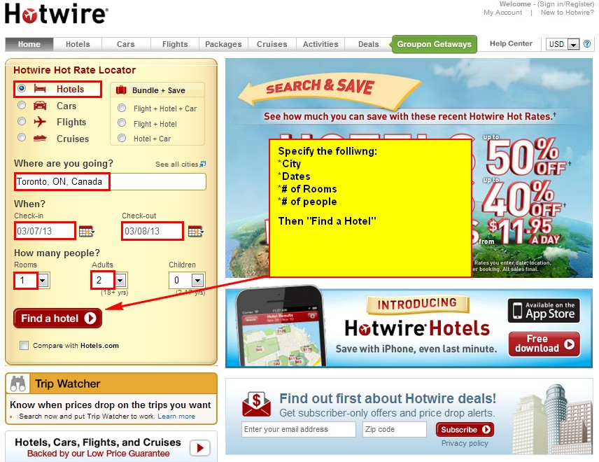 1. Hotwire Home Page