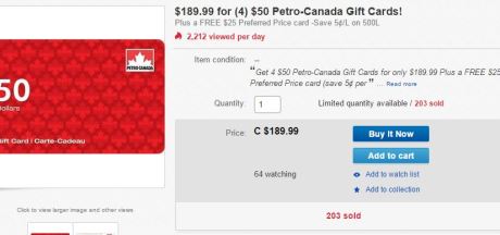 Quick Deal – $225 Petro Canada Gas for $185 on eBay