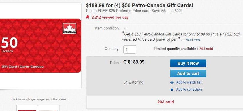 Quick Deal – $225 Petro Canada Gas for $185 on eBay