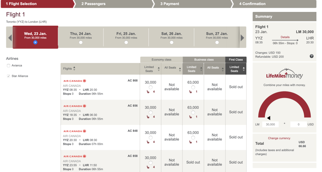 Lifemiles Award Chart